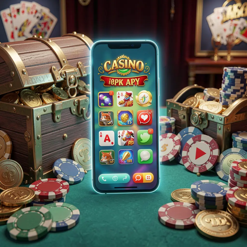 Glowing smartphone displaying the 888KA Casino APK app interface with a treasure chest, chips, and coins nearby in a luxury 3D render