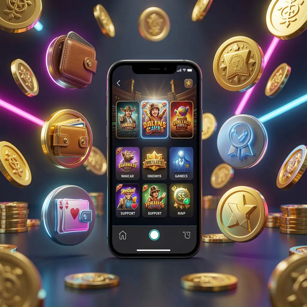 Luxury 3D render of a smartphone displaying the 888KA online casino app, surrounded by icons for wallet, games, support, and rewards, with golden coins and neon lights highlighting the vibrant features