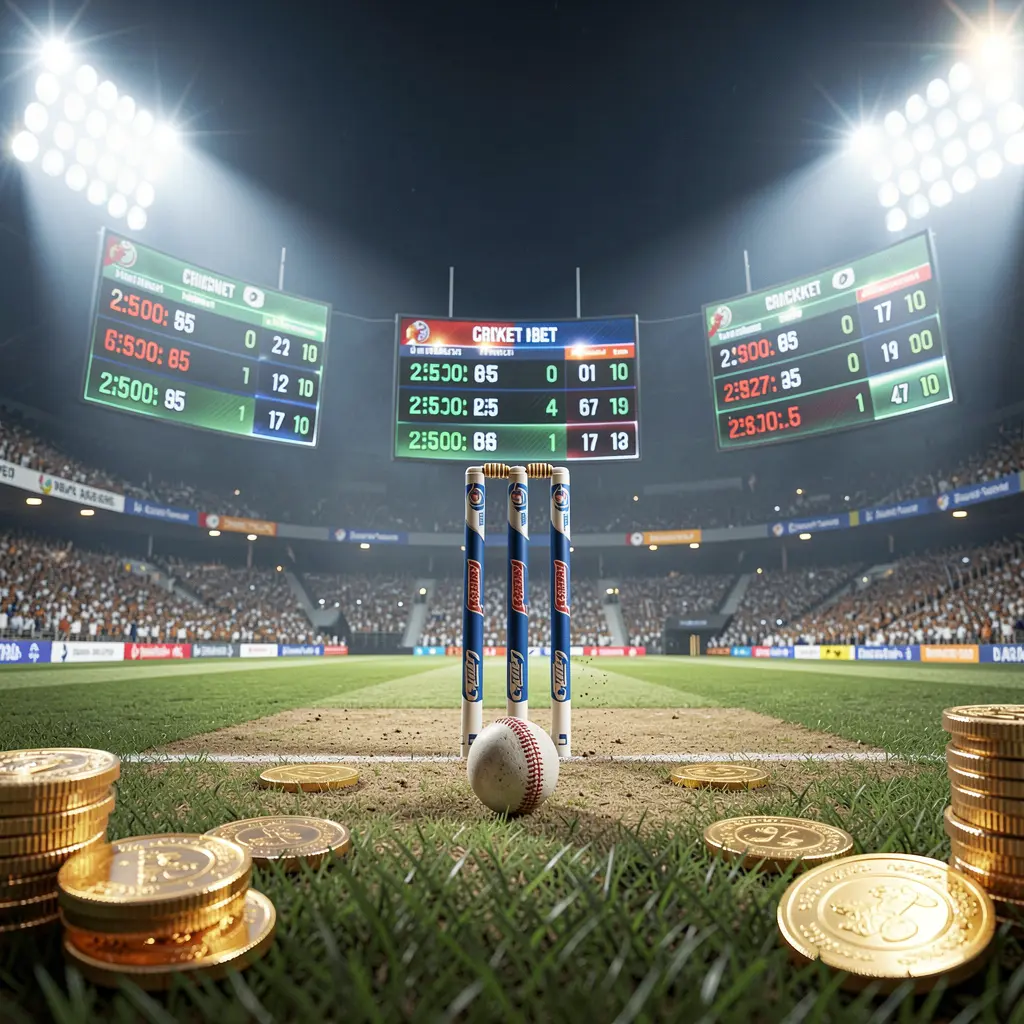 Live cricket betting scene featuring a cricket pitch illuminated by bright stadium lights with wickets, a ball, golden coins, and glowing odds panels, showcasing 888KA's dynamic betting experience in Pakistan
