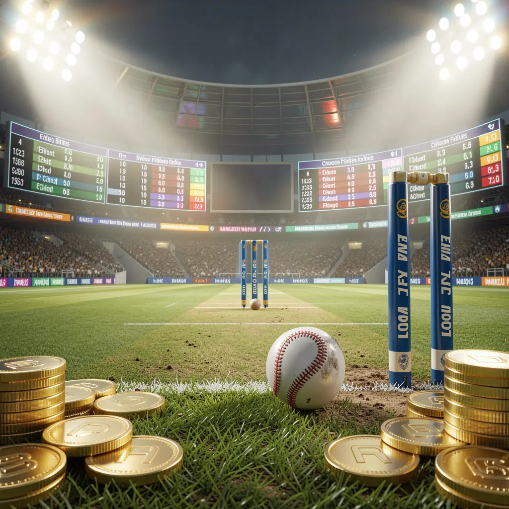 Live cricket betting scene by 888KA showing a cricket pitch under bright stadium lights with wickets, ball, golden coins, and glowing odds panels in a cinematic realistic render