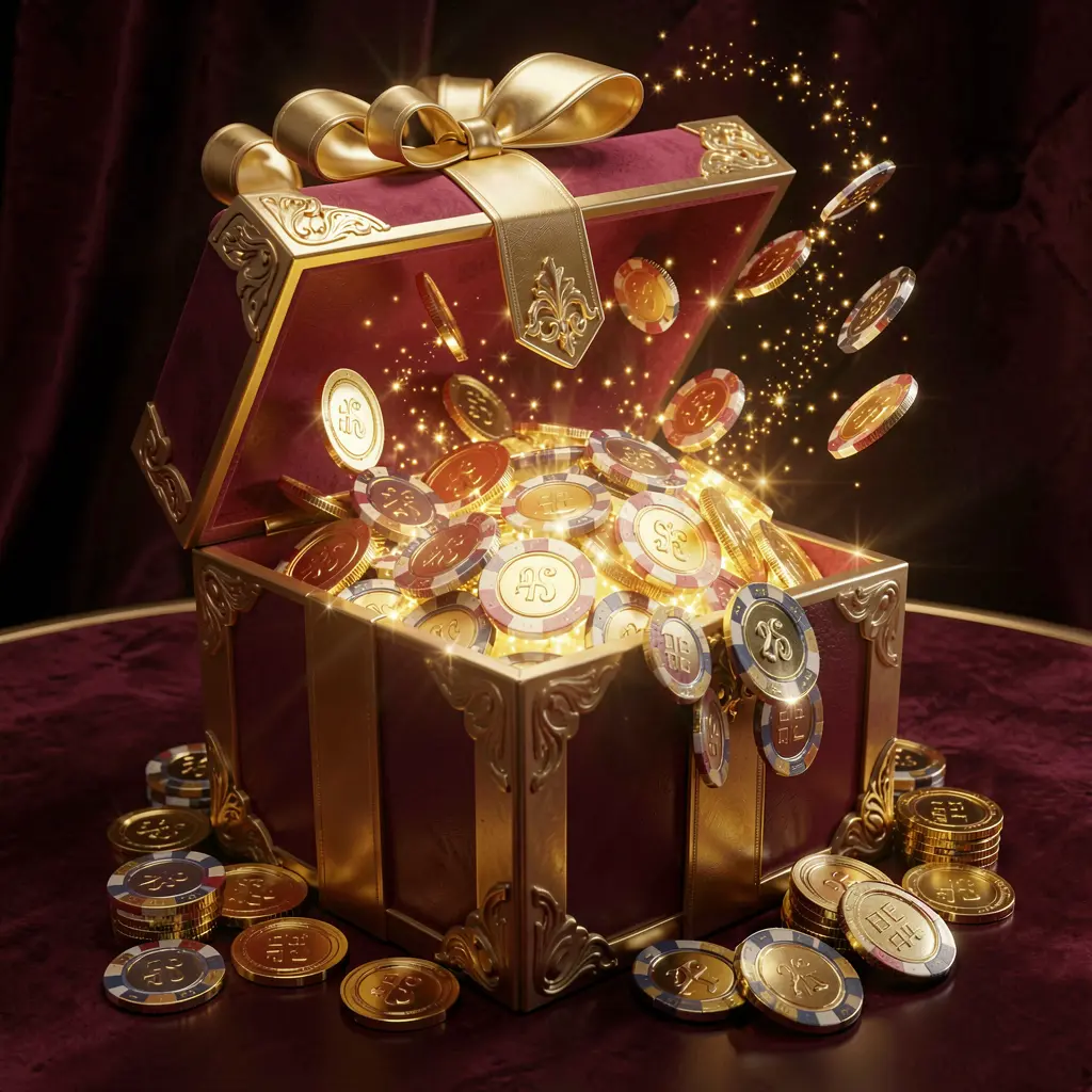 Glowing gift box filled with free casino chips and golden coins representing 888KA no deposit casino bonus, set against a luxury dark background with magical sparkle effects Glowing gift box filled with free casino chips and golden coins representing 888KA no deposit casino bonus, set against a luxury dark background with magical sparkle effects