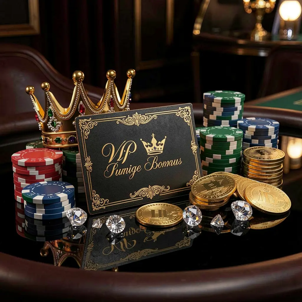 VIP casino bonus concept featuring a golden crown, luxury 888KA membership card, poker chips, diamonds, and coins arranged on a glossy black table in an elegant premium style VIP casino bonus concept featuring a golden crown, luxury 888KA membership card, poker chips, diamonds, and coins arranged on a glossy black table in an elegant premium style