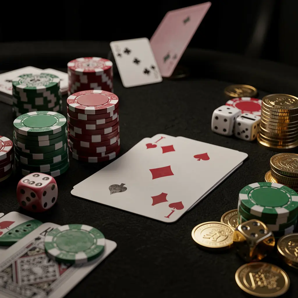 Close-up of an elegant 888KA casino table featuring poker chips, playing cards, dice, and gold coins under soft cinematic lighting with a luxury black background