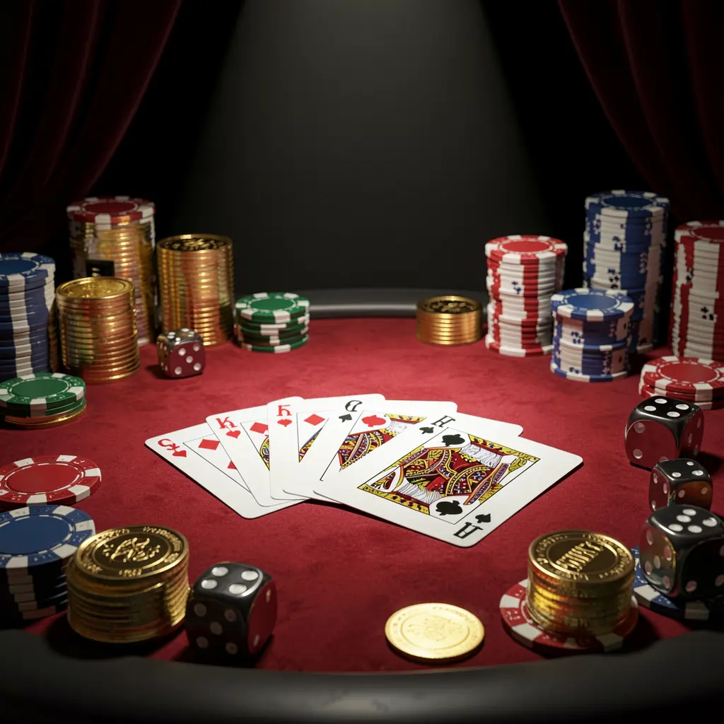 Realistic 3D render of a casino table featuring a royal flush hand, poker chips, golden coins, and dice on a luxury black and red background with dramatic spotlight, showcasing 888KA brand ambiance