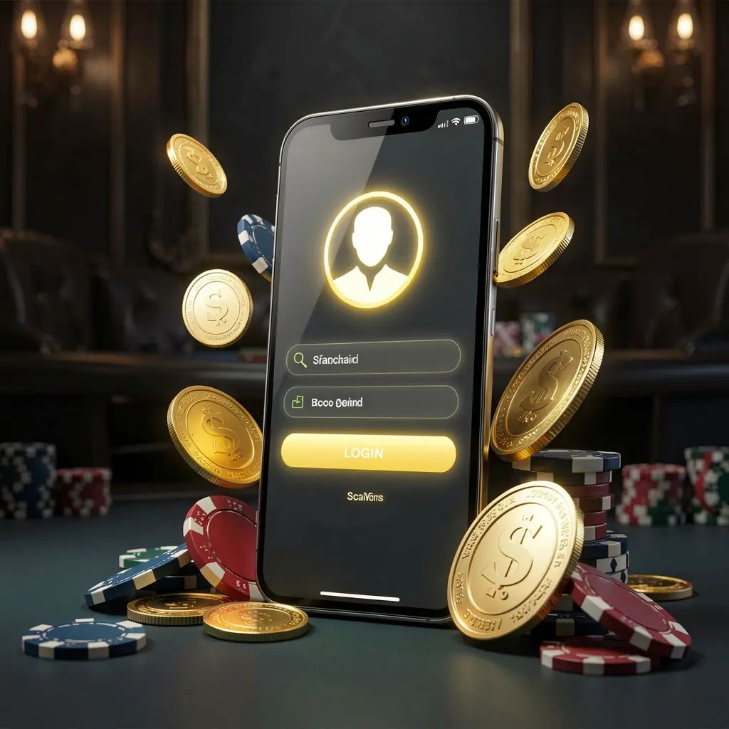 Modern smartphone displaying secure login screen with glowing user profile icon surrounded by golden coins and poker chips on a dark luxury background, showcasing 888KA online casino login page hero banner