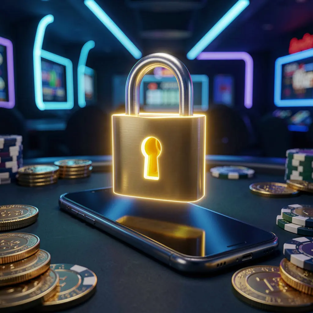 Glowing padlock floating above a smartphone with golden coins and chips scattered around on a dark blue neon background, representing 888KA casino login security