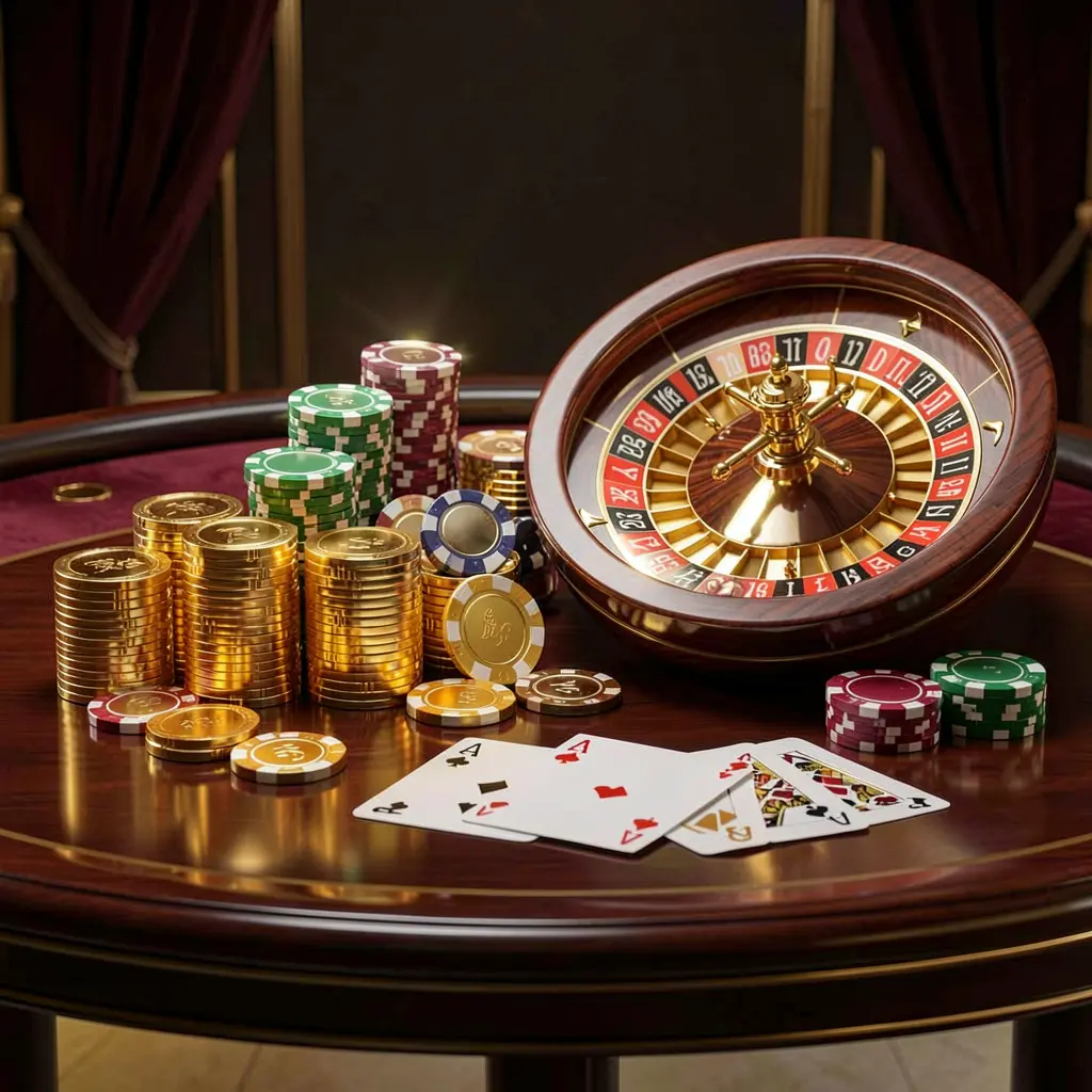 High detail 3D render of a premium online casino scene featuring golden coins, glowing chips, roulette wheel, and cards on a glossy table with an elegant dark background, showcasing the 888KA brand experience High detail 3D render of a premium online casino scene featuring golden coins, glowing chips, roulette wheel, and cards on a glossy table with an elegant dark background, showcasing the 888KA brand experience